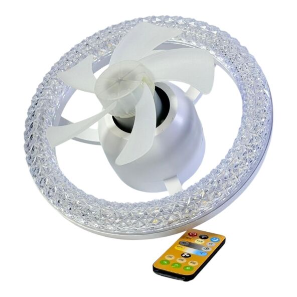 Ventilator de tavan cu iluminare LED circulară, carcasă din plastic, rotație 360°, control prin telecomandă