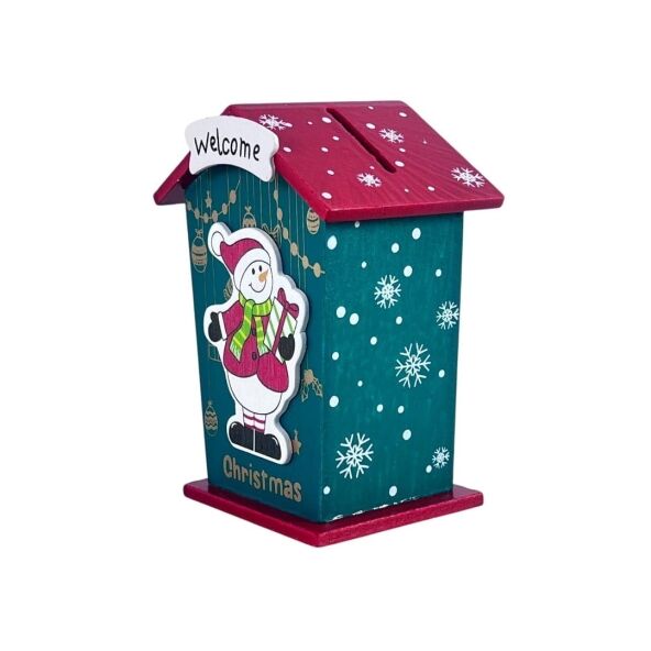 Căsuță decorativă din lemn pentru Crăciun, model Om de Zăpadă cu acoperiș roșu și inscripție Welcome